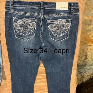 Grace in LA Blue Denim Capri with Embroidery